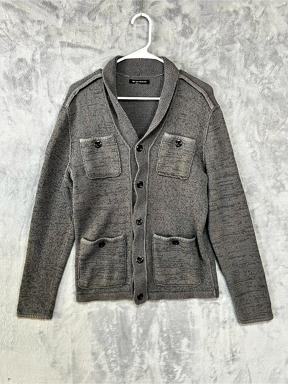 John Varvatos USA Mens M Gray Chunky Cotton Knit 4-Pocket Military Cardigan Jack